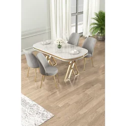 Hanah Home trpezarijski set Lai, sto i 4 stolice, ploča u dekoru belog mermera, zlatne noge, siva tkanina Babyface