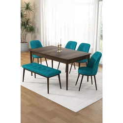 Hanah Home trpezarijski set Pir, sto, 4 stolice i klupa, ploča u dekoru drveta Baroque, tirkizna tkanina Babyface