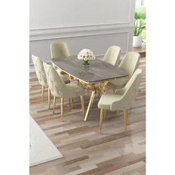 Hanah Home trpezarijski set Asel, sto i 6 stolica, antracit ploča Irony, zlatne noge, krem tkanina Babyface