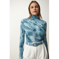 Happiness Istanbul Womens Light Blue Draped High Neck Sandy Blouse