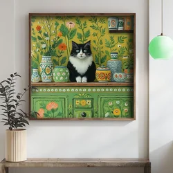 WallXpert uramljena MDF slika DOS011-33, crno-bela mačka među ukrasnim vazama na zelenoj komodi, 34 x 34 cm