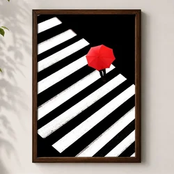 WallXpert uramljena MDF slika 3752KACT-043, crveni kišobran na pešačkom prelazu, crno-belo, 37 x 52 cm