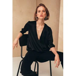 Mione Ženska svilena bluza na preklop, Crna
