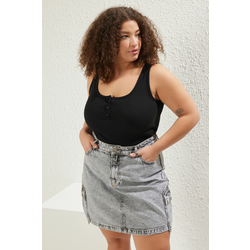Trendyol Curve Black Pool Collar Button Detail Ribbed Knit Plus Size Athlete