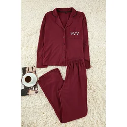 Trendyol Burgundy Cotton Piping and Pocket Detailed Printed Knitted Pajama Set