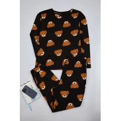 Trendyol Curve Black Teddy Bear Patterned T-shirt-Jogger Knitted Pajama Set