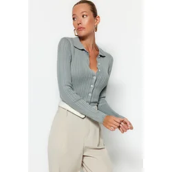 Trendyol Gray Polo Collar Knitwear Cardigan