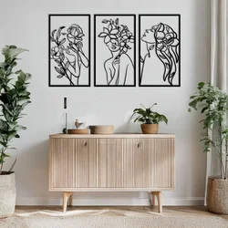 WallXpert metalni zidni ukras DCV-1102-MT, linijske ženske figure sa cvećem u 3 rama, 3 dela, 30 x 50 cm, crni