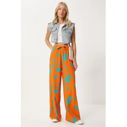 Happiness Istanbul Womens Orange Blue Patterned Flowy Viscose Palazzo Trousers