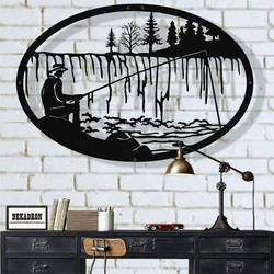 WallXpert metalni zidni ukras 5203, pecaroš na obali reke sa šumom u ovalnom ramu, 75 x 50 cm, crni