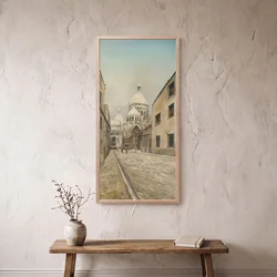 WallXpert uramljena MDF slika ARTSNTMDL15, kaldrmisana ulica na Monmartru i bazilika Sakre Ker, 50 x 120 cm