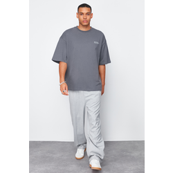 Trendyol Anthracite Oversize 100% Cotton Crew Neck Minimal Text Printed T-Shirt