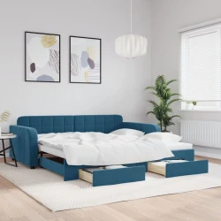 Greatstore Izvlečna dnevna postelja s predali modra 100x200 cm žamet
