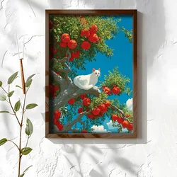 WallXpert uramljena MDF slika NAL128-70, bela mačka na grani drveta sa crvenim plodovima, 50 x 70 cm