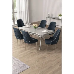 Hanah Home trpezarijski set Vae, sto i 6 stolica, ploča u dekoru belog mermera, hromirane noge, antracit tkanina Babyface