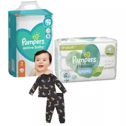 Pampers Pelene Active baby 3, MB, 6-10kg, 152/1+Pampers Vlažne maramice Harmonie, 3x48 komada+DeFacto Pidžama za dečake, Tamnosiva