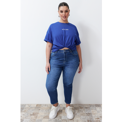 Trendyol Curve Saks Slogan Printed Oversize Knitted T-shirt