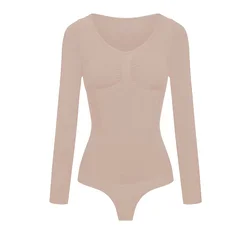 cfab Oblikovanje postave Bodysuit Sculpting Shapewear Longsleeve mit String bež