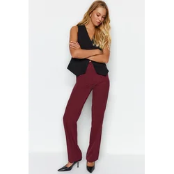 Trendyol Burgundy Straight/Straight Fit High Waist Ribbed Stitching Woven Trousers