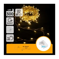 Aigostar - LED božićni niz za spoljašnju upotrebu, 300 LED / 8 funkcija, 3x AA, 9,3 m, IP44, topla bela