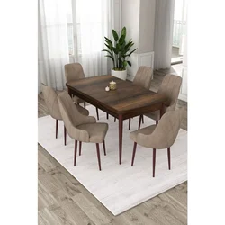 Hanah Home trpezarijski set Eta, sto na razvlačenje i 6 stolica, ploča u dekoru drveta Baroque, kapućino tkanina Babyface