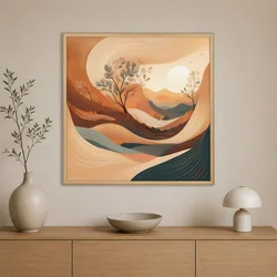 WallXpert uramljena slika na platnu Cc-K-Ah-1006, stilizovani pejzaž sa drvećem i suncem u toplim tonovima, 80 x 80 cm
