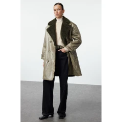 Trendyol Khaki Fur Collar Oversize Long Coat