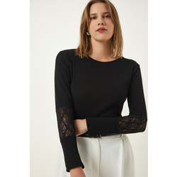 Happiness Istanbul Womens Black Lace Wrap Ribbed Knitted Blouse