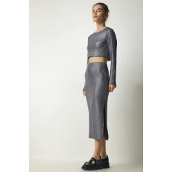 Happiness Istanbul Womens Gray Sparkly Ribbed Crop Skirt Suit
