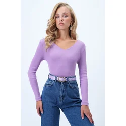 Trend Alacati Stili Ženska bluza dugih rukava Alc-X13290, V-izrez, Ljubičasta
