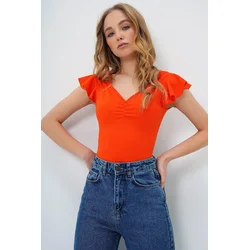 Trend Alacati Stili Ženska bluza kratkih rukava Alc-X13496, V-izrez, Narandžasta