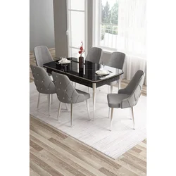 Hanah Home trpezarijski set Tia, sto i 6 stolica, ploča u dekoru crnog mermera, hromirane noge, siva tkanina Babyface