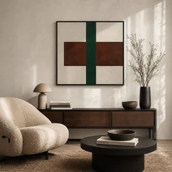 WallXpert slika na platnu Huhu3199, zelena traka i braon pravougaonik na krem podlozi, 50 x 50 cm