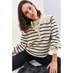Bianco Lucci Womens Buttonhole Turtleneck Striped Knitwear Sweater