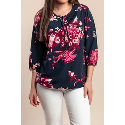 Plus size bluza s cvetličnim potiskom, temno modra