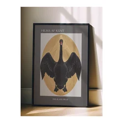 WallXpert uramljena slika 115216, The Black Swan Hilme af Klint, crni labud u zlatnom ovalu, 30 x 40 cm, crni ram