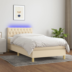vidaXL Box spring postelja z vzmetnico LED krem 100x200 cm blago