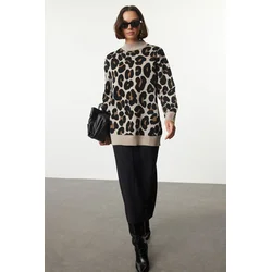 Trendyol Beige Leopard Patterned Knitted Sweater