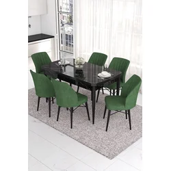Hanah Home Set Trpezarijski sto i 6 stolica Eva, Zeleno-crni
