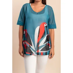 Prosojna bluza s potiskom, modra