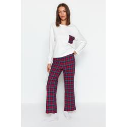 Trendyol Premium White 100% Cotton Plaid T-shirt-Pants Knitted Pajamas Set
