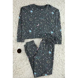 Trendyol Anthracite 100% Cotton Galaxy Patterned Knitted Pajama Set