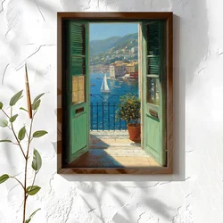 WallXpert uramljena MDF slika NAL157-46, pogled kroz zelene škure na more i jedrilicu, 35,5 x 47 cm
