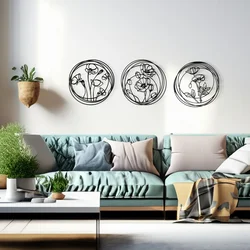 WallXpert metalni zidni ukras RT-NMD-075, linijski poljski cvetovi u 3 kruga, 3 dela, 39 x 39 cm, crni