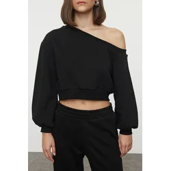 Trendyol Black Regular Fit Thick Inside Fleece Crop Asymmetrical Collar Knitted Sweatshirt