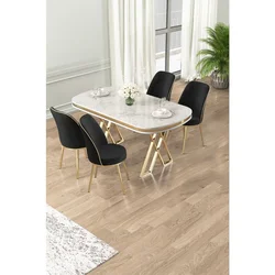 Hanah Home trpezarijski set Lai, sto i 4 stolice, ploča u dekoru belog mermera, zlatne noge, crna tkanina Babyface