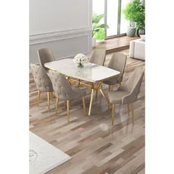 Hanah Home trpezarijski set Asel, sto i 6 stolica, ploča u dekoru belog mermera, zlatne noge, kapućino tkanina Babyface