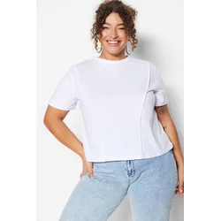 Trendyol Curve White Crew Neck Stitch Detailed Knitted Crop T-Shirt