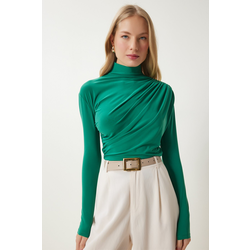 Happiness Istanbul Womens Vivid Green Gathered Detailed Stand Collar Sandy Blouse