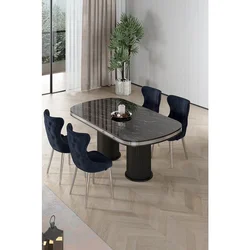 Hanah Home trpezarijski set Galya, sto i 4 stolice, ploča u dekoru crnog mermera, hromirane noge, antracit tkanina Babyface